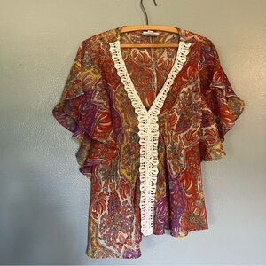 Colorful Floral Kimono Top with Lace Trim